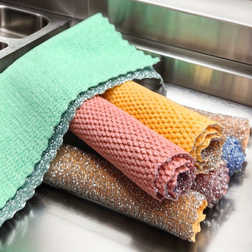 Multifunctional Double-sided Steel Wire Fine Velvet Cleaning Cloth available in sets of 3, 5, or 10 pieces. This double-sided cloth features a kitchen scrubber on one side and high absorbency, durable polyester on the other. Ideal for cleaning tableware