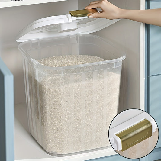 Large airtight grain storage container with moisture-proof, transparent design and easy-access white lid. Made of durable polypropylene, ideal for kitchen and pet food organization.