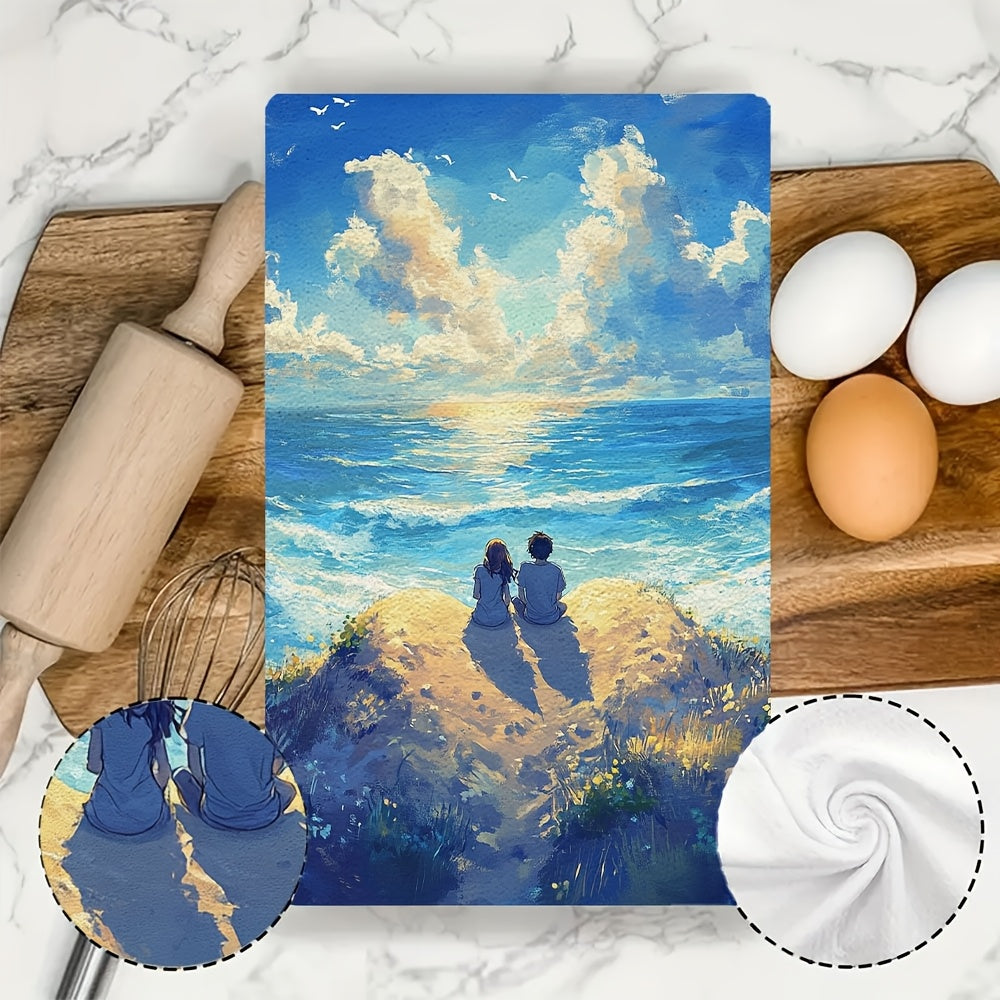 This set includes 2 ultra-soft kitchen towels with an anime couple seated on a heart-shaped sand dune, gazing at the waves. These dish towels are highly absorbent, perfect for holiday decoration, machine washable, and measure 40.64X60.96 cm.