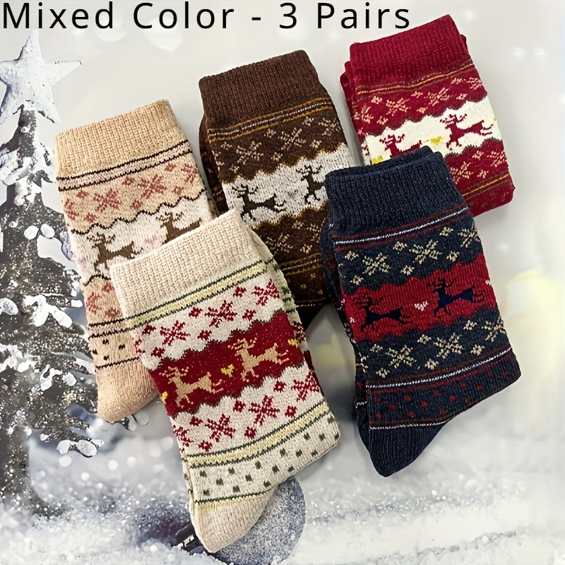 Women's Festive Christmas Reindeer & Snowflake Design Cozy Thick Socks - Set of 3 Pairs in Mixed Colors