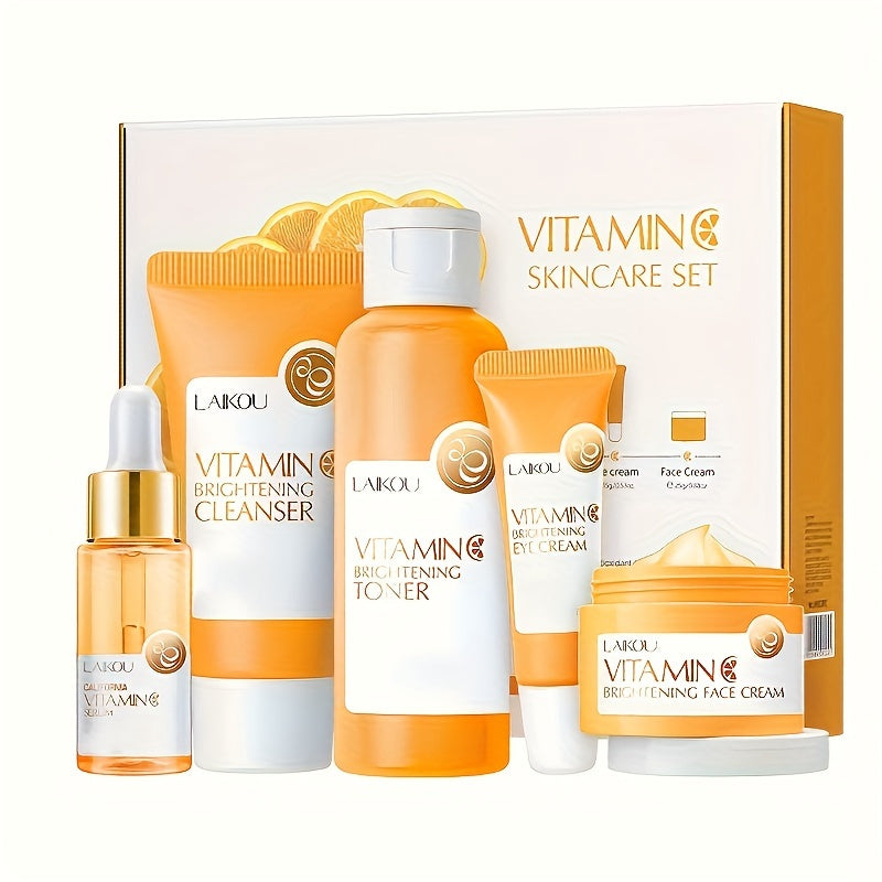 LAIKOU Vitamin C Skincare Set includes 5 items: a facial cleanser, brightening toner, essence, eye cream, and cream.