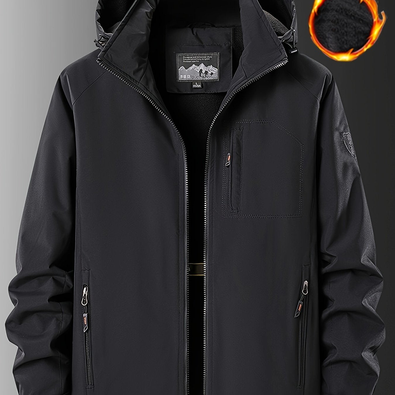 Men's winter jacket made of 100% polyester. Features waterproof and windproof qualities, detachable hood, multi-pocket design with zippered pockets, warm fleece lining, and solid color.