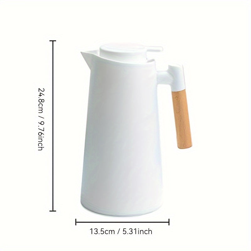 Dual-layer vacuum insulated coffee pot with wooden handle. Ideal for hot and cold beverages, requires no electricity.