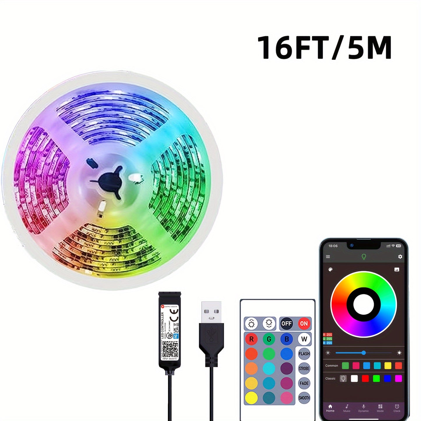 91.44cm-30.48m RGB LED strip lights with remote & app control, adjustable brightness, DIY mode, USB powered, ABS material, non-rechargeable button battery, for bedroom, living room, TV