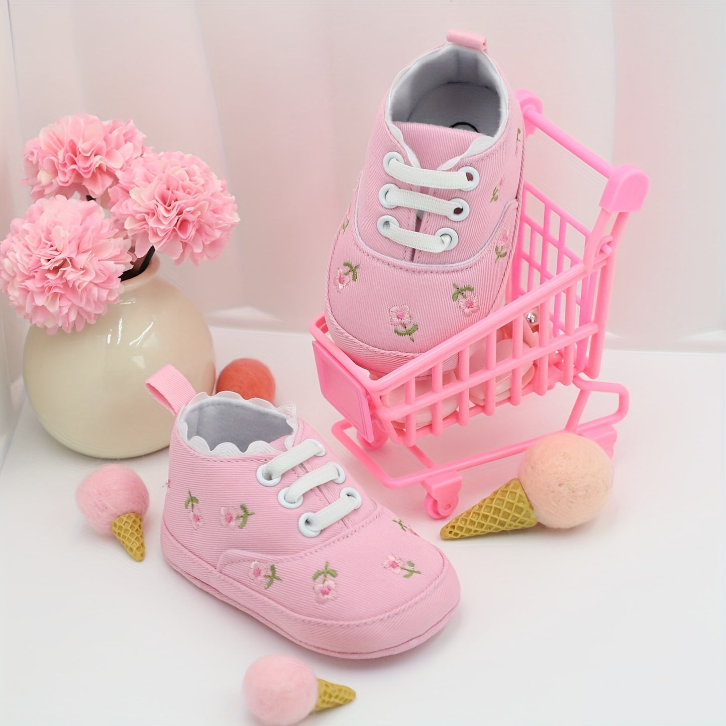 RABEISIR Floral Baby Girl First Walker Shoes in various colors, with soft sole Mary Jane style for parties and leisure activities.