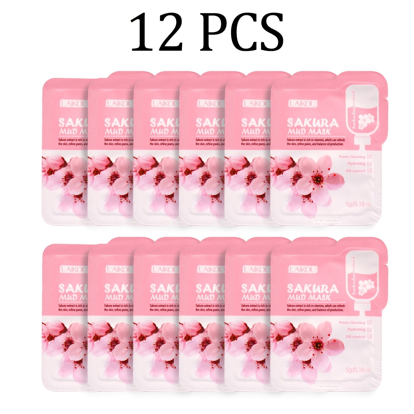 12 count of 5g Sakura Mud Mask with portable packaging for traveling, providing deep cleansing, moisturizing, and oil control.