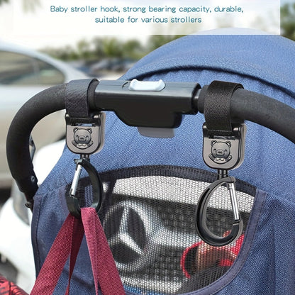 '- Two adjustable Stroller Hooks with 360 Degree Rotation, Hook-and-loop Closure, and Detachable Feature, made from sturdy Plastic