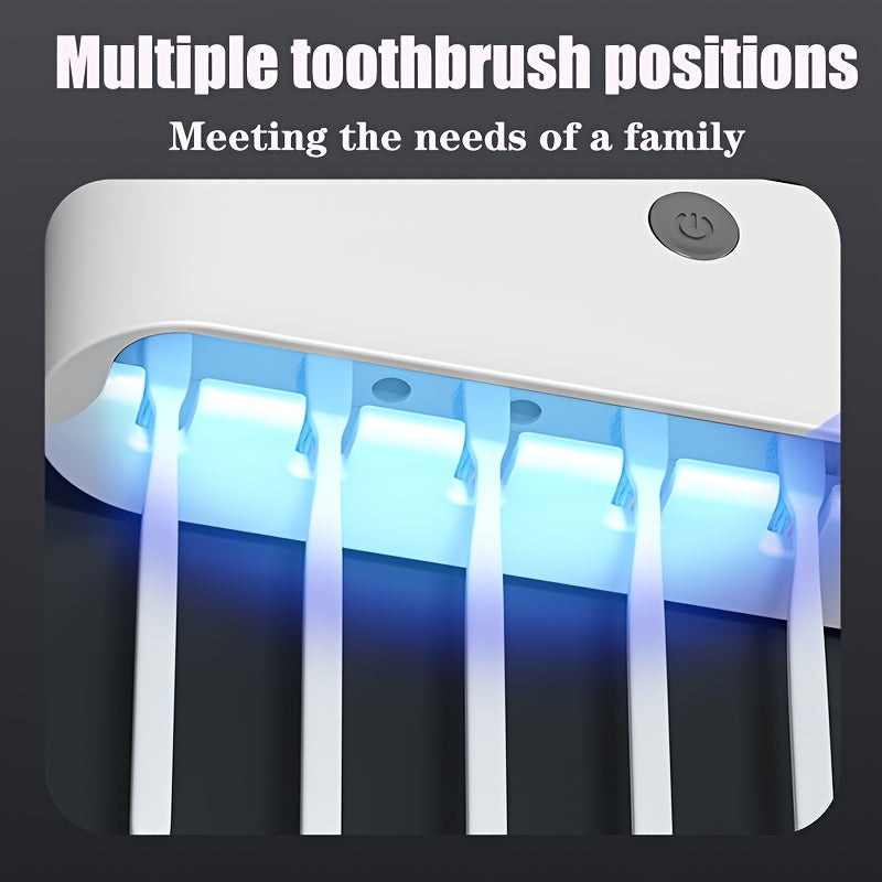 UV Toothbrush with wall-mounted holder that kills 99% of bacteria. No drilling required, includes automatic toothpaste dispenser and can be charged using solar or DC5V.