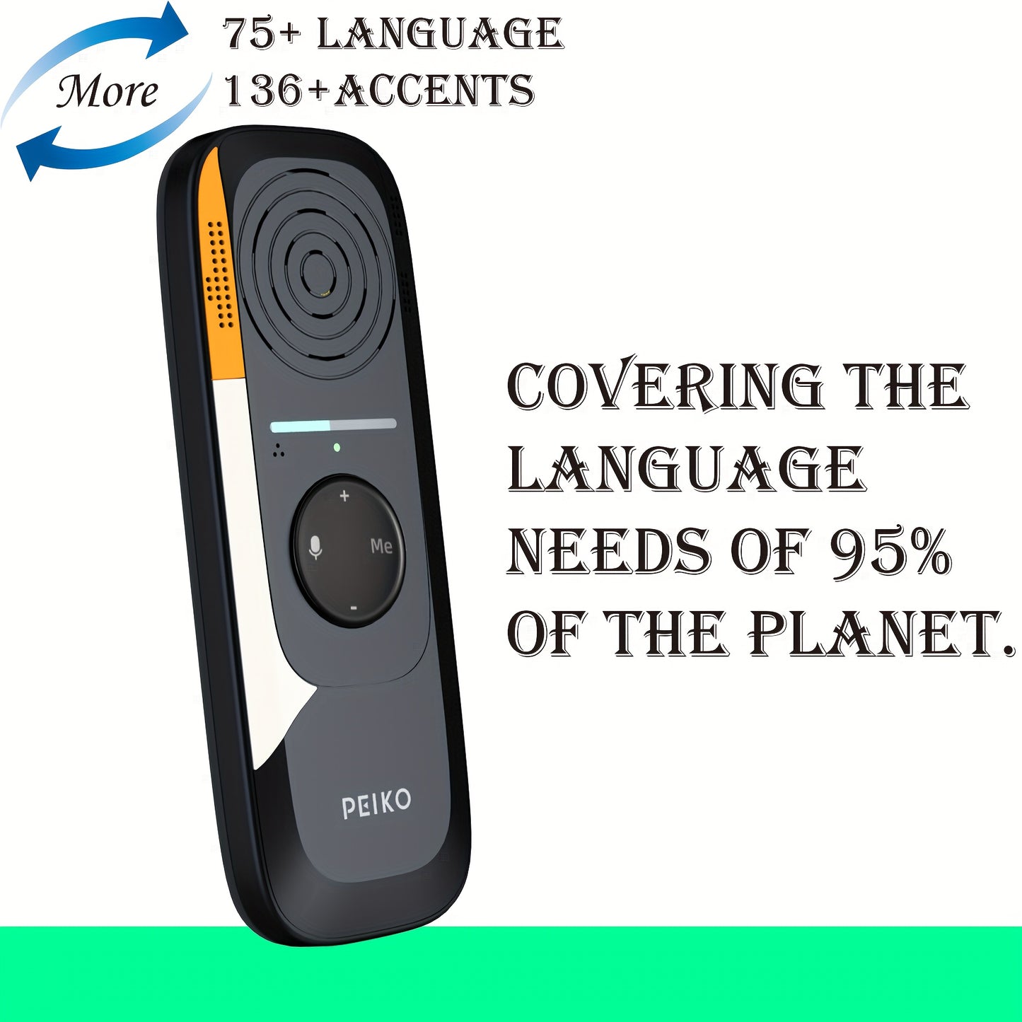 Peiko TR BOX01 Translation Device offers two-way translation in 75+ languages with 136 accents. It is wireless, rechargeable via Type-C, and supports offline use in 11 languages, making it