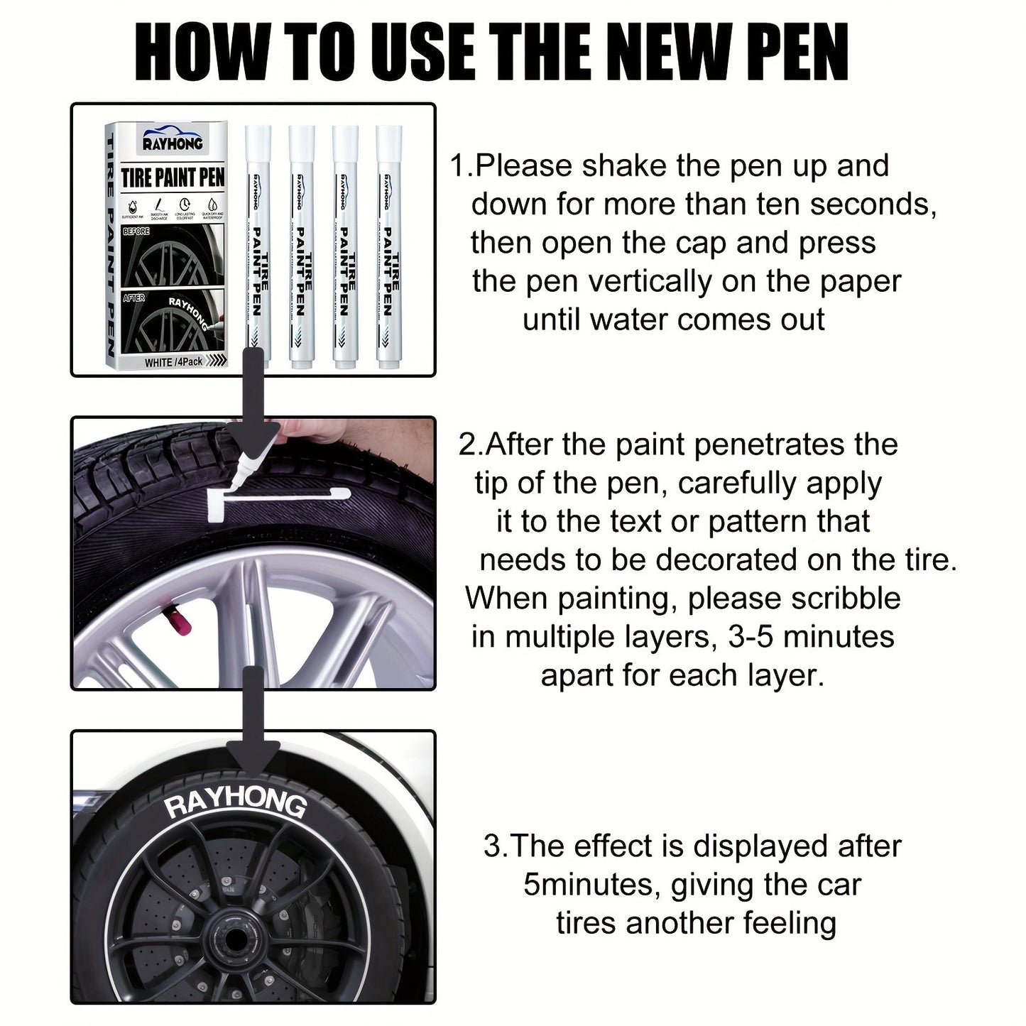 Set of 4 Tire Paint Pens for customizing your car's tires, perfect for adding letters or designs. This versatile tool is ideal for decoration and modification projects, making it a must-have for graffiti artists and DIY enthusiasts. Stay on-trend with