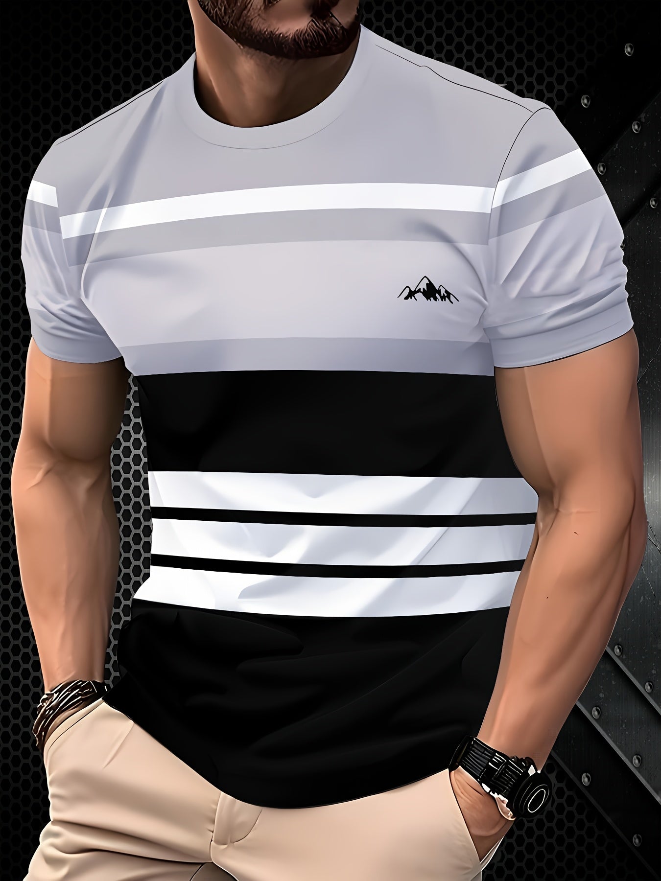 Men's Fashion Striped T-Shirt: 100% Polyester Crew Neck with Solid Color Knit Fabric, Regular Fit Tee for All Seasons