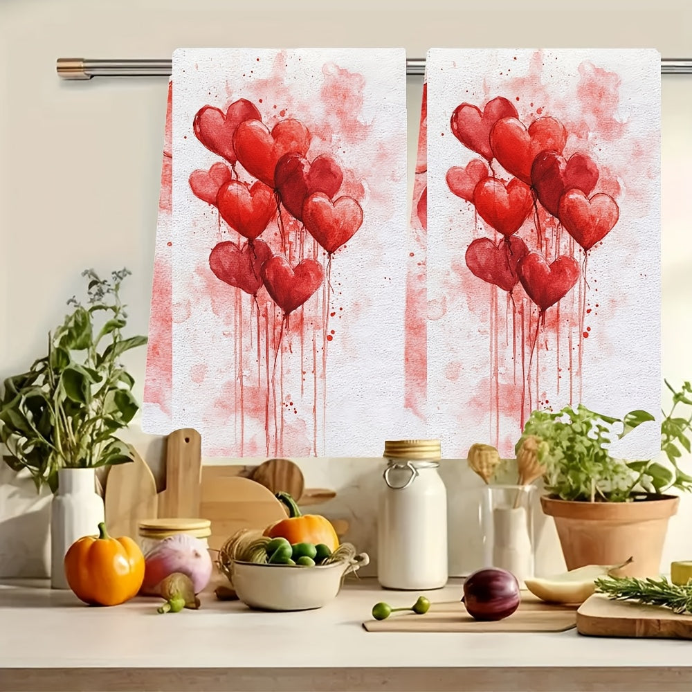 Set of 2 Ultra Soft Polyester Kitchen Towels - Adorned with Romantic Red Hearts, These Highly Absorbent & Machine Washable Dish Hand Towels are Ideal for Adding a Touch of Love to Your Valentine's Day Decor. Sized at 40.64x60.96 cm, these Dish Towels are