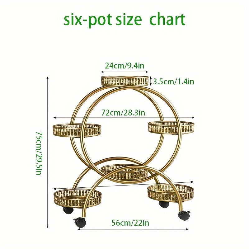 Metal flower stand on wheels for indoor and outdoor plants in living room or balcony.