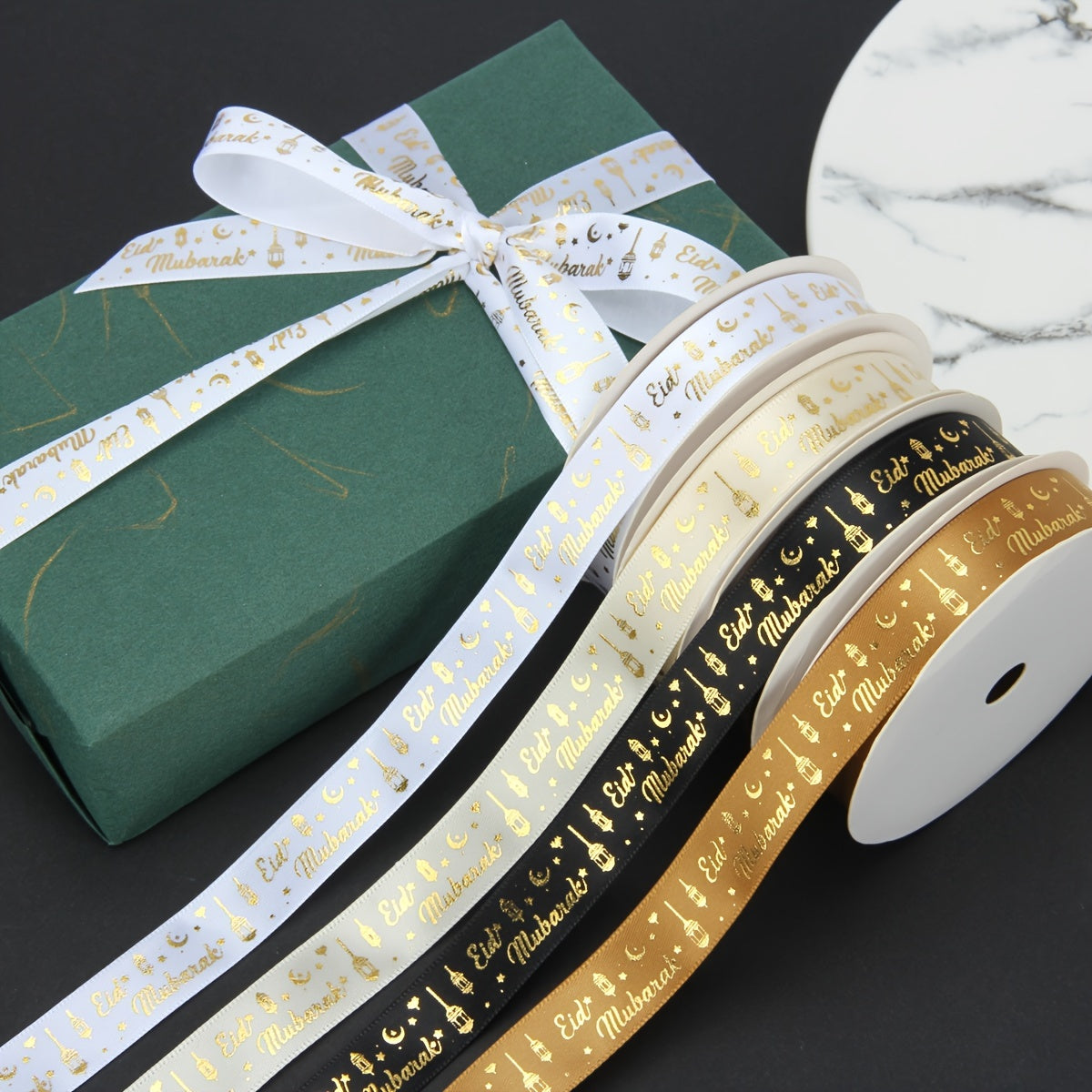 Polyester ribbon with star and moon patterns for Ramadan lantern gift wrapping and festive decorations, suitable for non-waterproof surfaces.