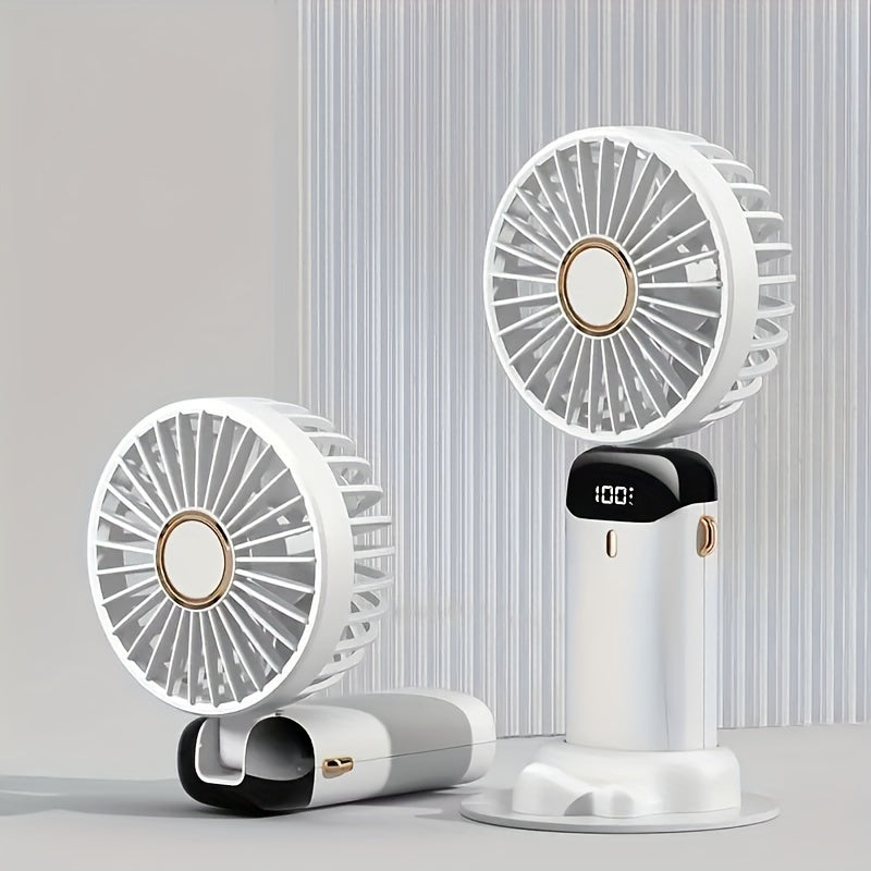 Cop Rose's Portable Mini Fan features 5-Speed Settings and an LED Display. It is USB Rechargeable with Touch Control and a Foldable Design, perfect for both indoor and outdoor use.