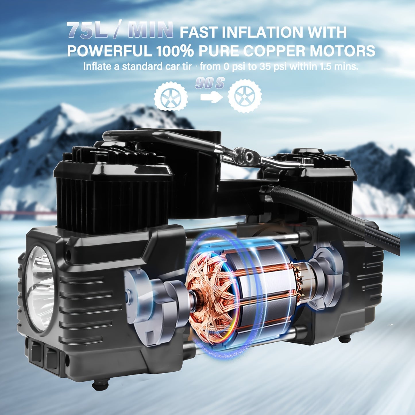 MESHUBA Portable Twin Cylinder Air Compressor: 12V Tire Inflator with Gauge & Emergency Light, for Cars and Bikes.