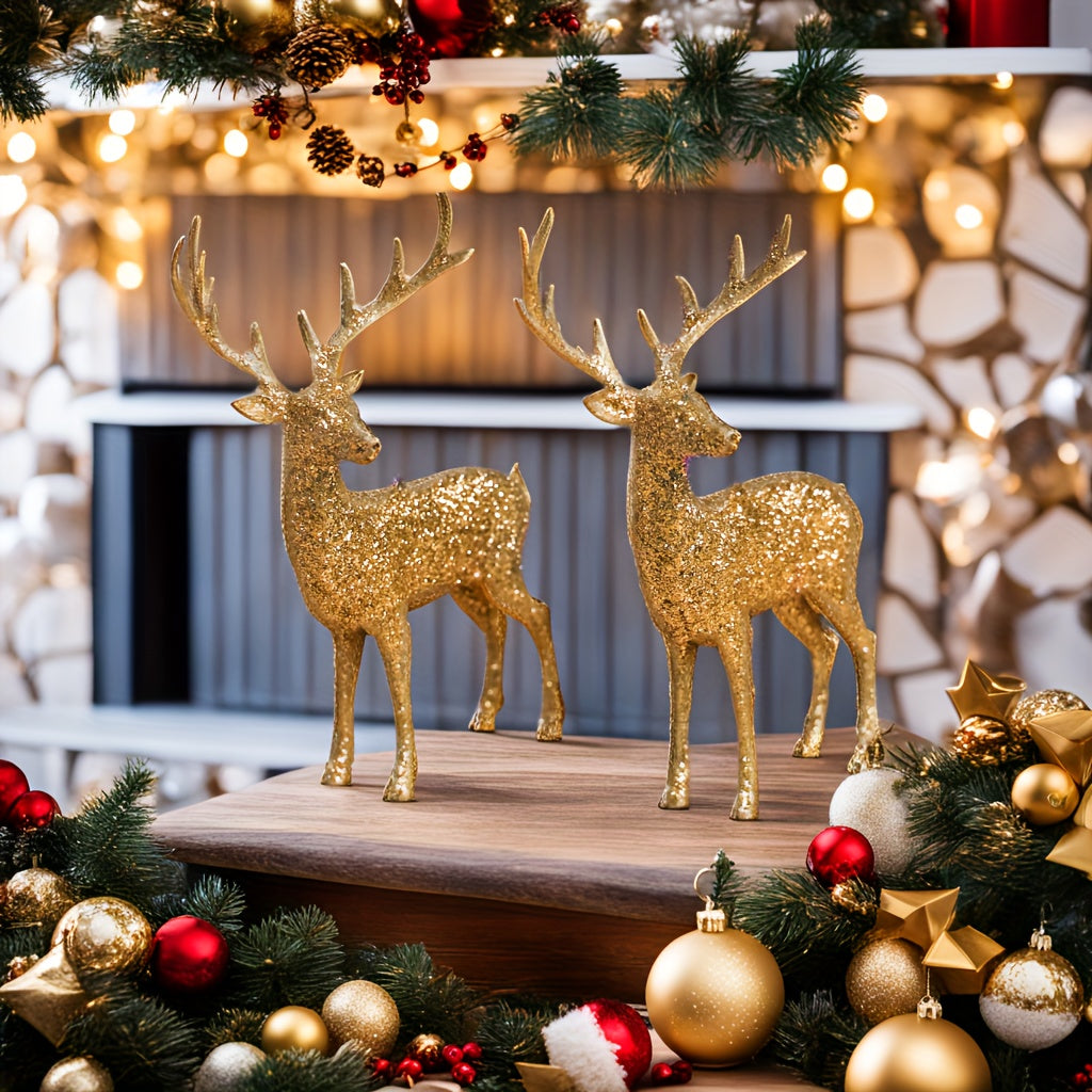 Golden Christmas Reindeer Figurines in 2 or 6 pieces, perfect for holiday decorations or gifting. Ideal for Christmas parties and home decor.