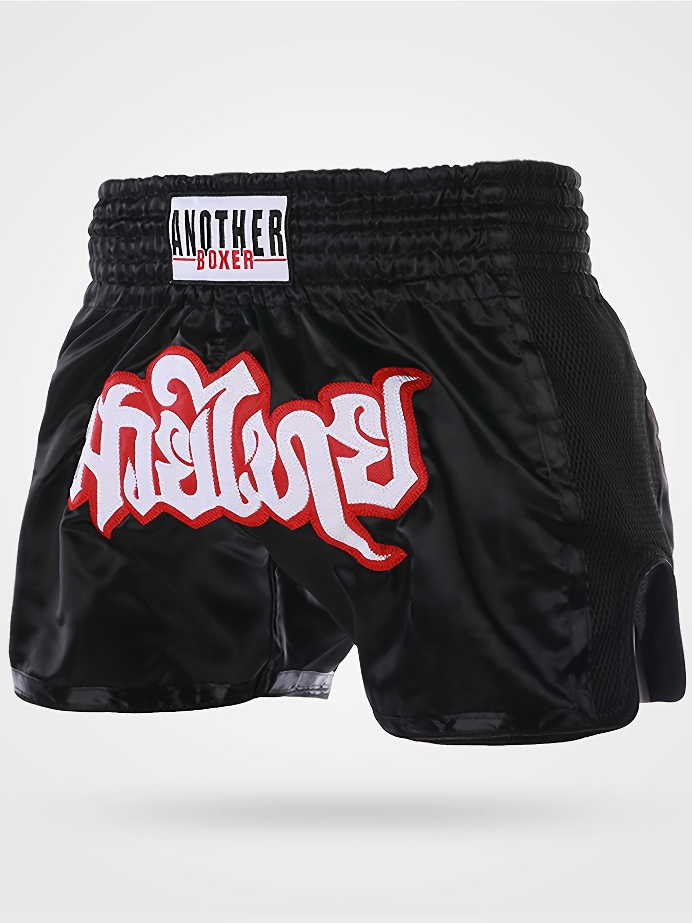 High-Performance Muay Thai shorts in "Another Lover" design, made of lightweight, non-stretch polyester fabric for boxing, MMA, and combat sports. Red & white color, suitable for all ages.