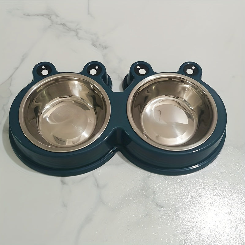 Stainless steel double bowl for small dogs and cats with pet frog design.