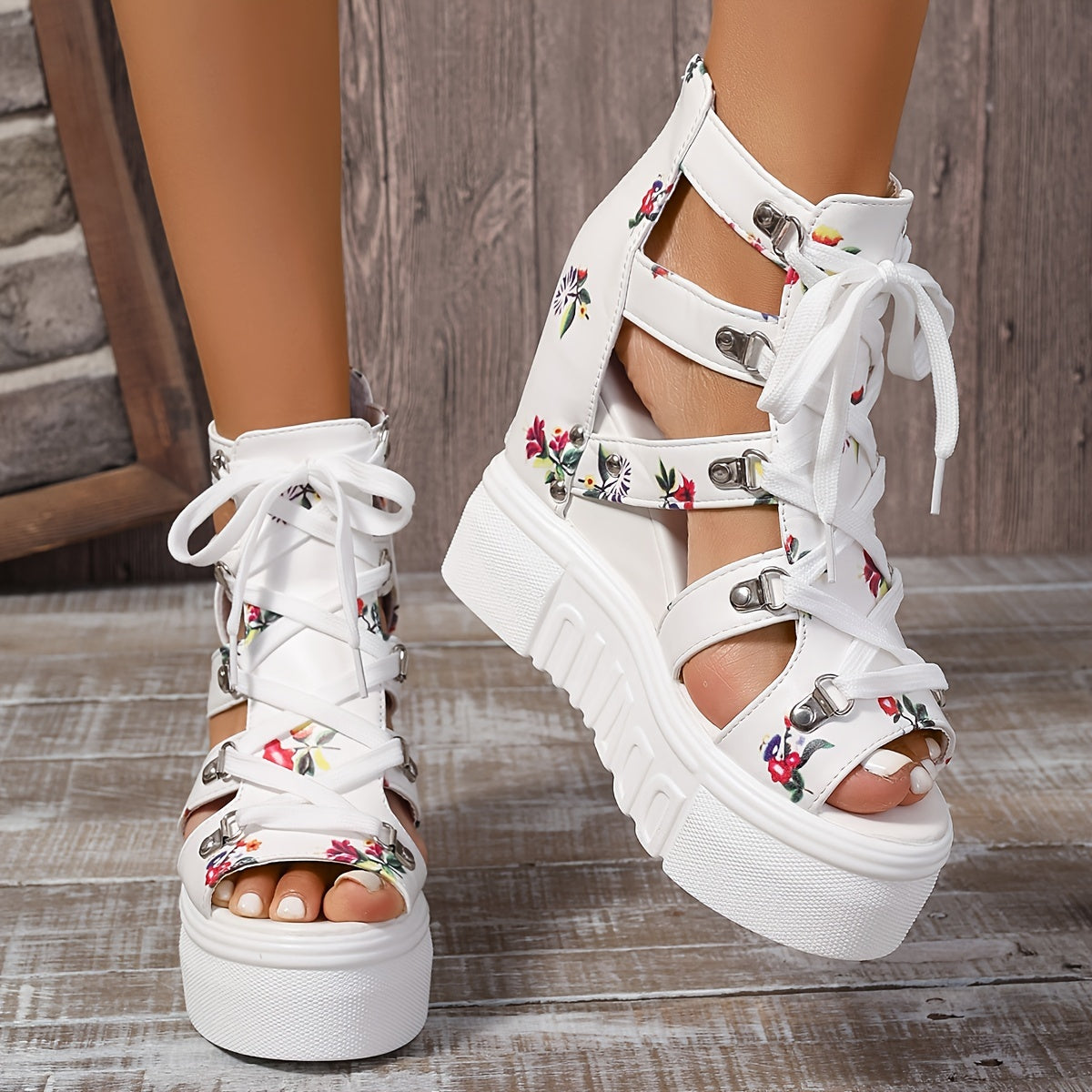 Women's Vintage Floral Sandals With Back Zipper and Lace Up Platform, Breathable Summer Wedge Shoes for Holidays