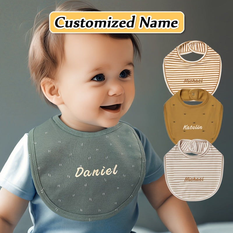 Customized Embroidered Name Adjustable Snap Bib made with Soft Absorbent Knit Fabric for Babies. This Non-Waterproof Feeding Drool Bib is great for Newborns and is Perfect for Christmas and New Year Gifts.