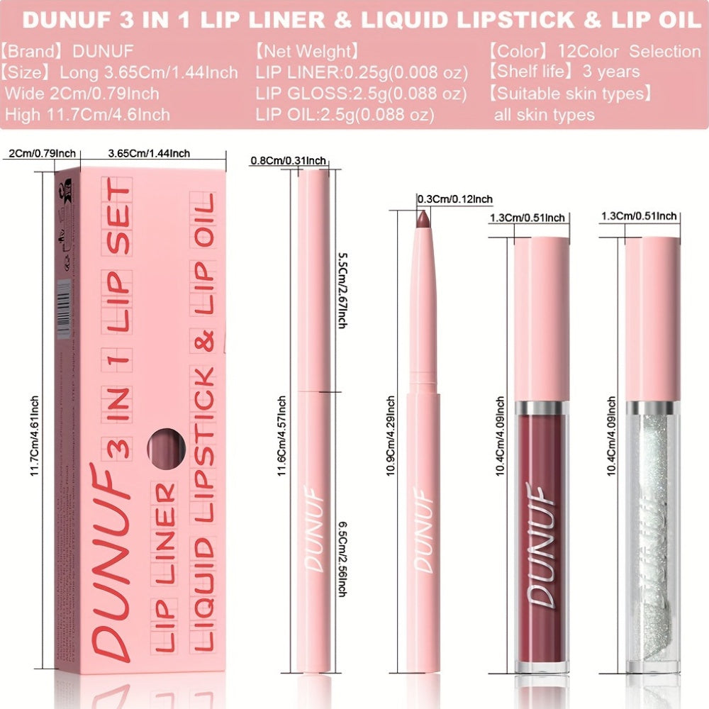 DUNUF 3-in-1 Lip Set includes velvet matte lip gloss, lip liner pencil, and lip oil, suitable for all skin types and waterproof.