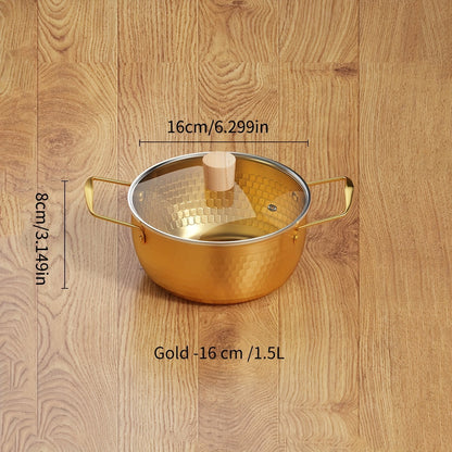 A stainless steel soup pot with two handles for home use, perfect for cooking instant noodles and boiling milk on a gas stove, in a shiny silver color.