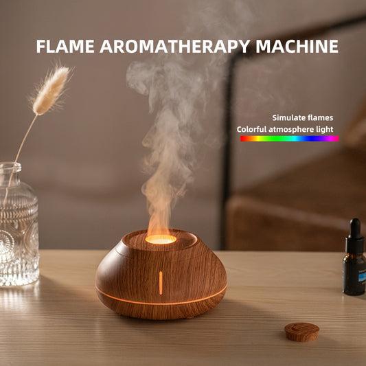 Wood grain aromatherapy humidifier with 7-color LED and simulated flame diffuser. Portable and USB powered for use in bedroom, office, or living room. Suitable for 36V or below voltage.