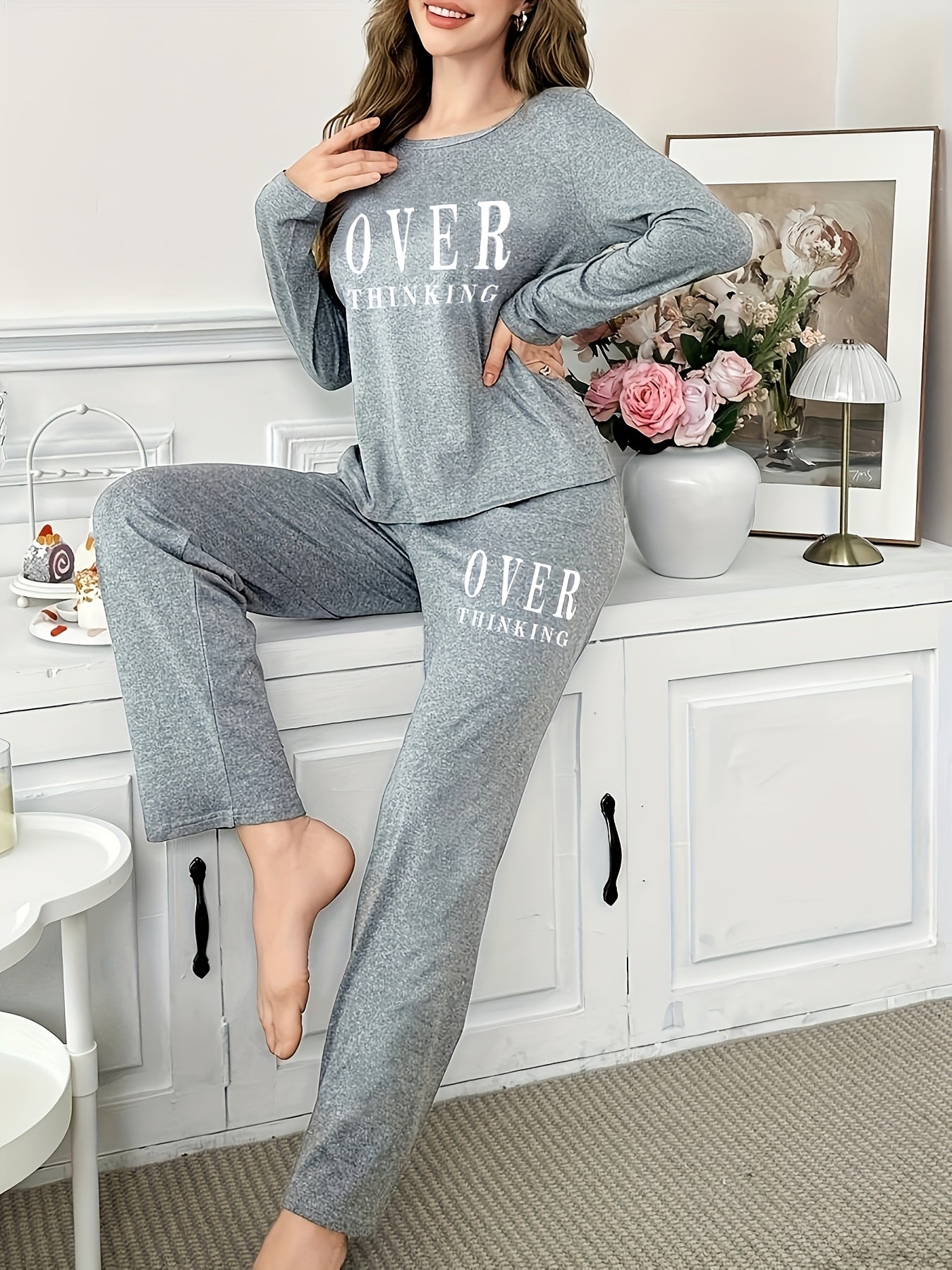 Letter print lounge set for women, with long sleeve top and pants. Perfect for fall and winter.