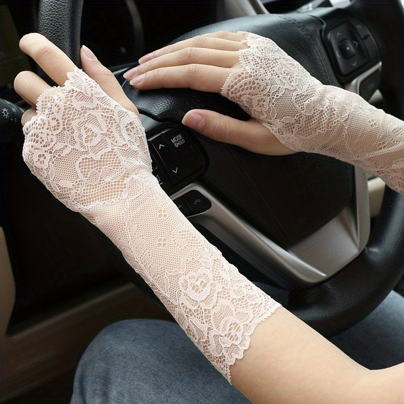 Geometric lace half finger wrist sleeves with thumb hole for summer sunscreen protection.