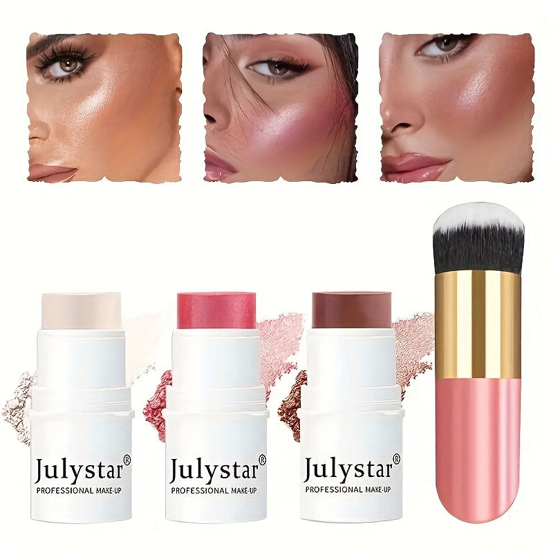 JulyStar 4-Piece Contour Stick Set with Highlighter, Blush & Bronzer and Golden Powder Brush - Waterproof Cream for All Tones, Shimmery Medium Coverage, Under 1 Fl Oz