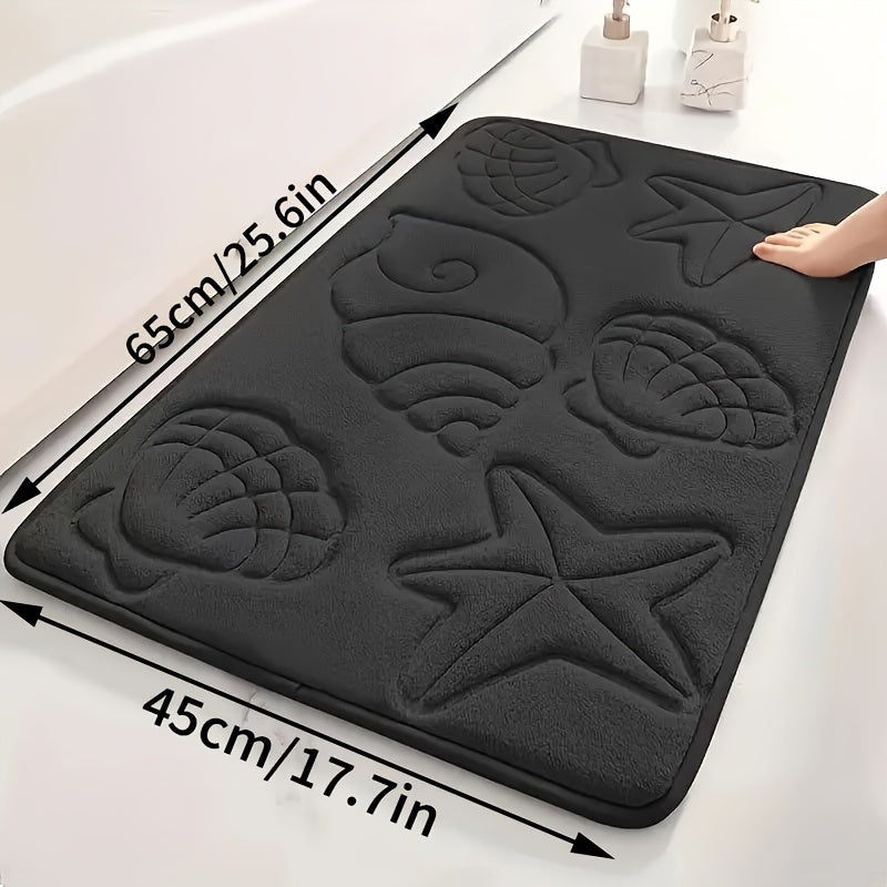 High-density 25D sponge bath mat with ultra-soft starfish and shell embossing, offering super absorbency and non-slip properties. Ideal for bathtubs, showers, and home decor. This bath accessory features high-frequency embossing for a touch of elegance