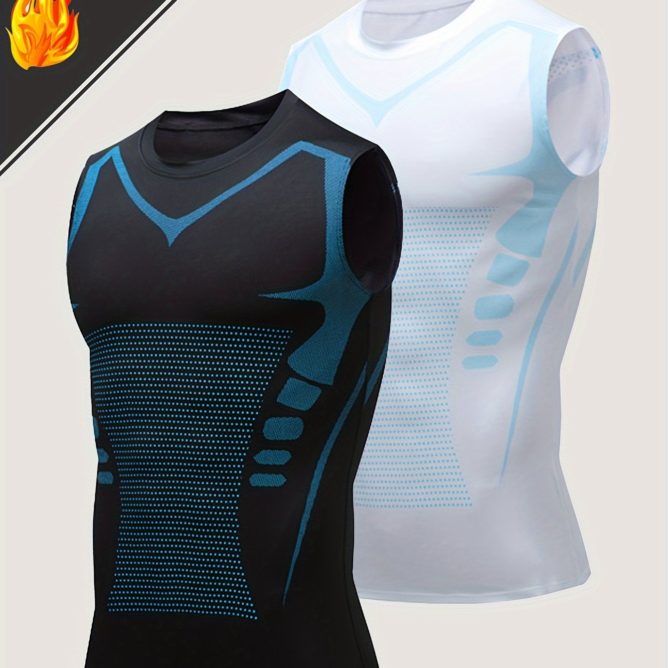 Two geometric-patterned sports vests for men made of quick-dry polyester and spandex blend. Crew neck sleeveless tank tops with medium stretch skinny fit. Suitable for all seasons, made of