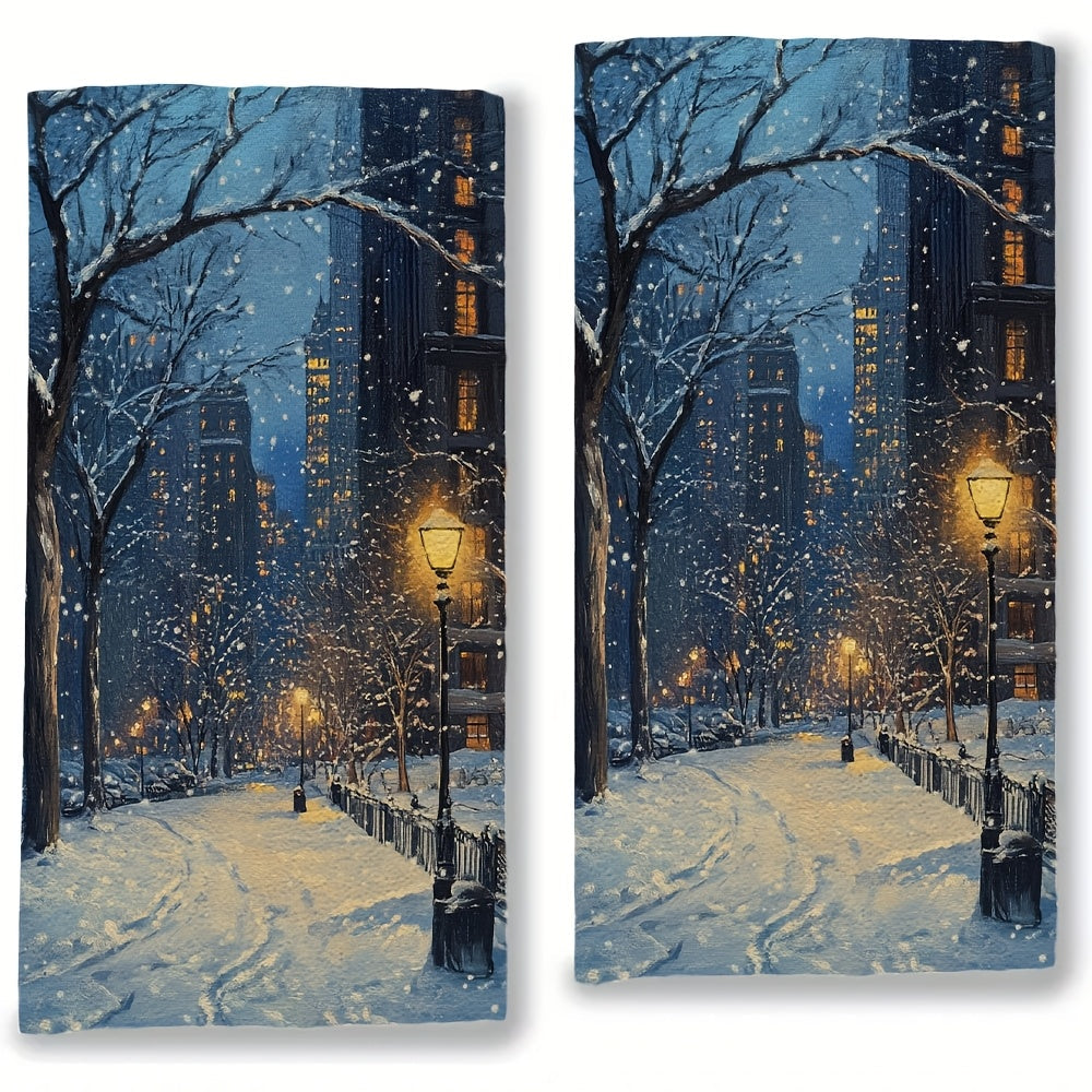 Enjoy the luxury of 2 ultra soft kitchen towels featuring a "Tranquil Snowy Night in City" scene. These highly absorbent and machine washable dish hand towels measure 40.64x60.96 cm and are perfect for adding a touch of holiday decor to your kitchen.