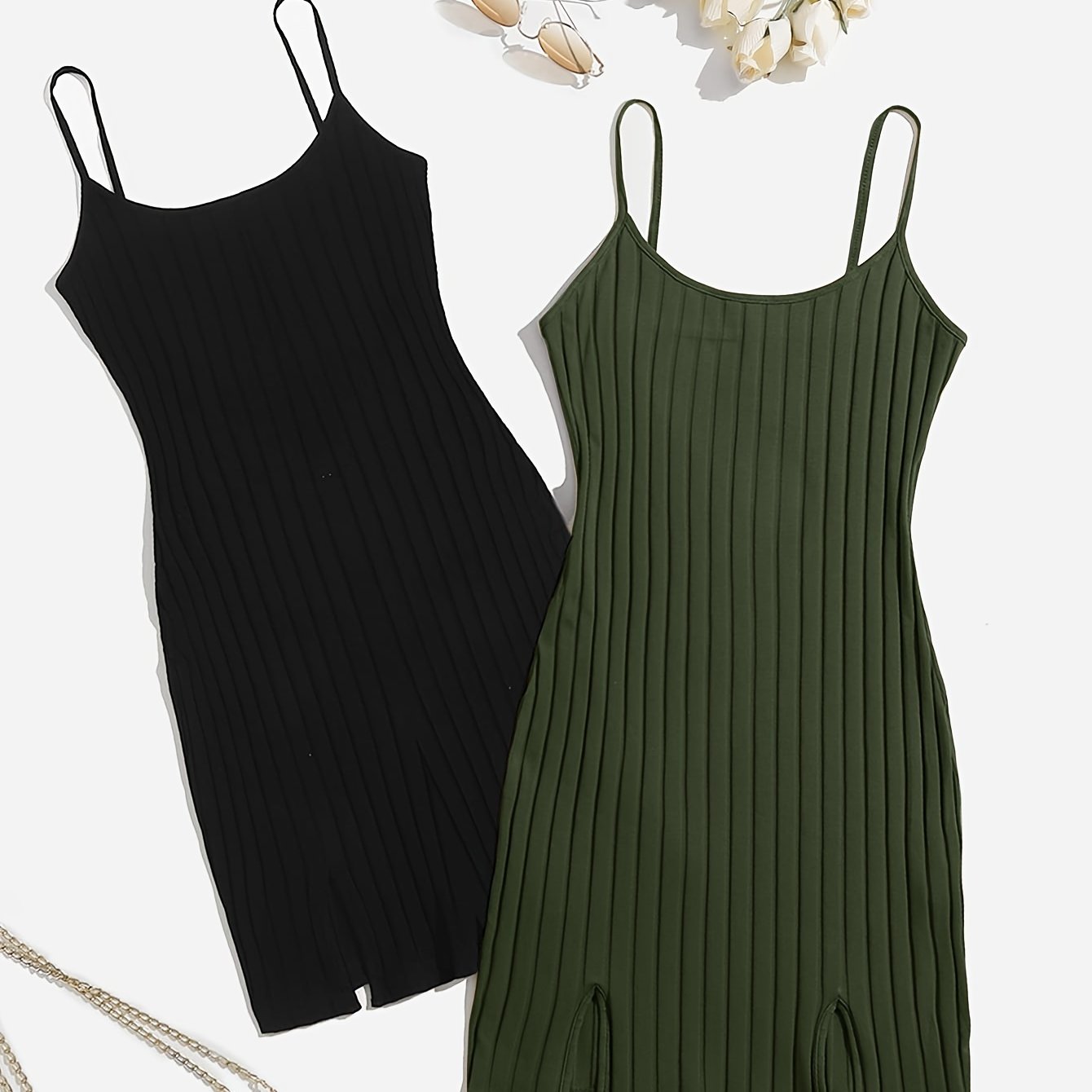 Two solid ribbed lounge dresses with a casual crew neck, split slip design for women's loungewear.