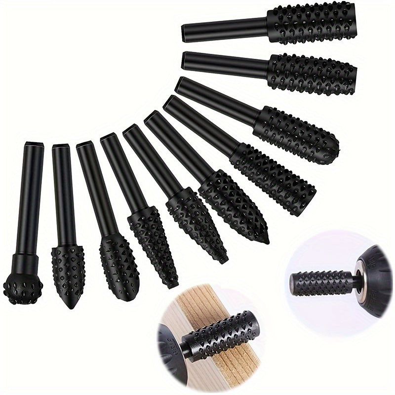 5/10pcs Wood Carving File Rasp Drill Bit Set, 1/4" 6mm, DIY Woodworking Rotating Chisel Shaped Burr Power Tools.