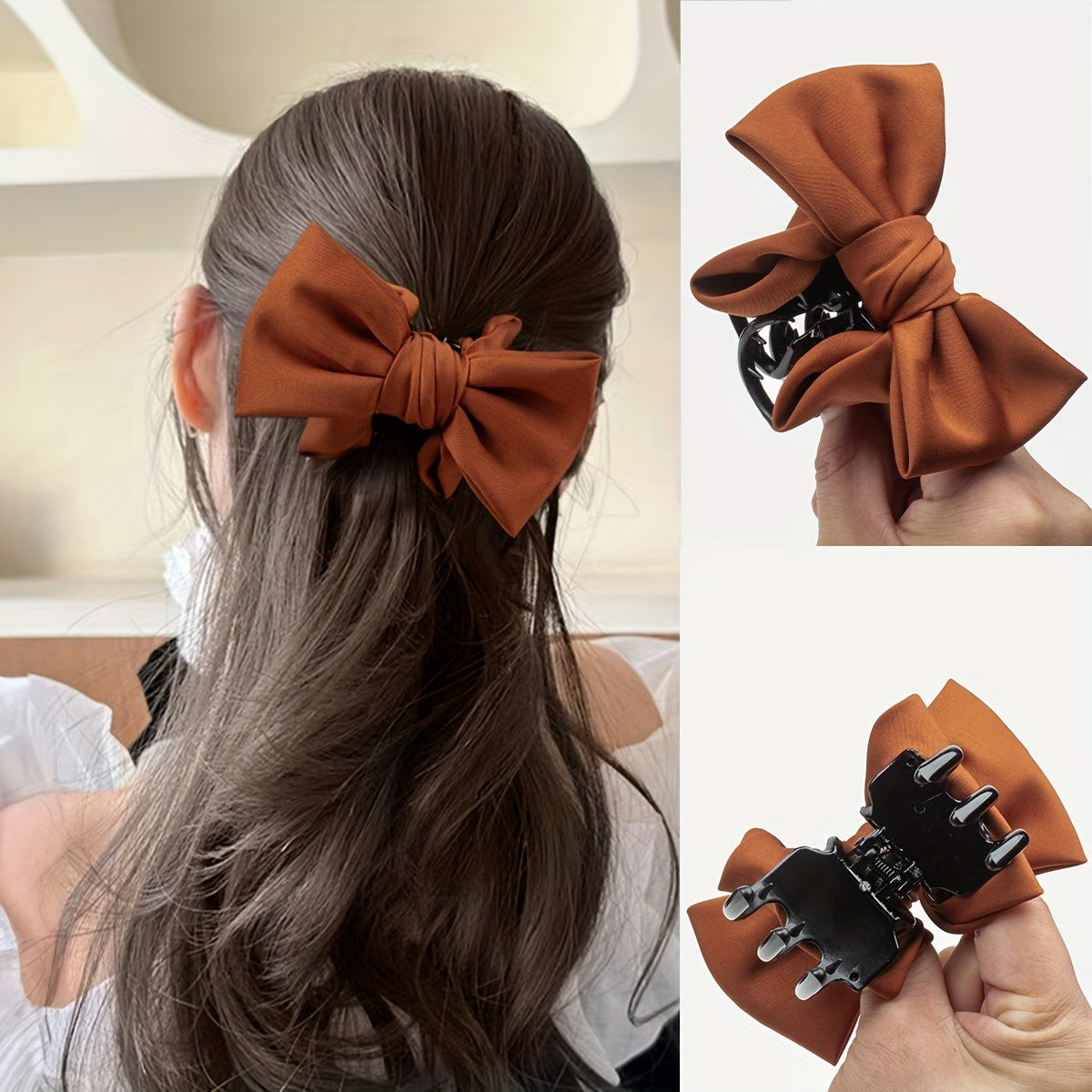 Elegant bowknot hair clip in khaki and black for women's daily wear, non-slip and perfect for ponytails.