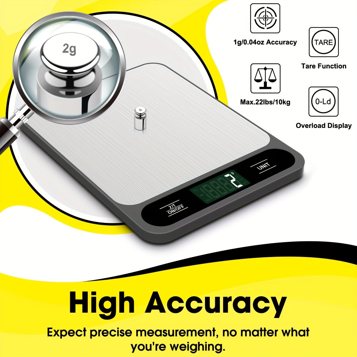 1 piece of black Food Scale with a capacity of 22lb/10kg, perfect for measuring grams and ounces for baking, cooking, and weight loss. Features precise graduation of 1g/0.04oz, easy-to-clean stainless steel material. A must-have kitchen gadget for all