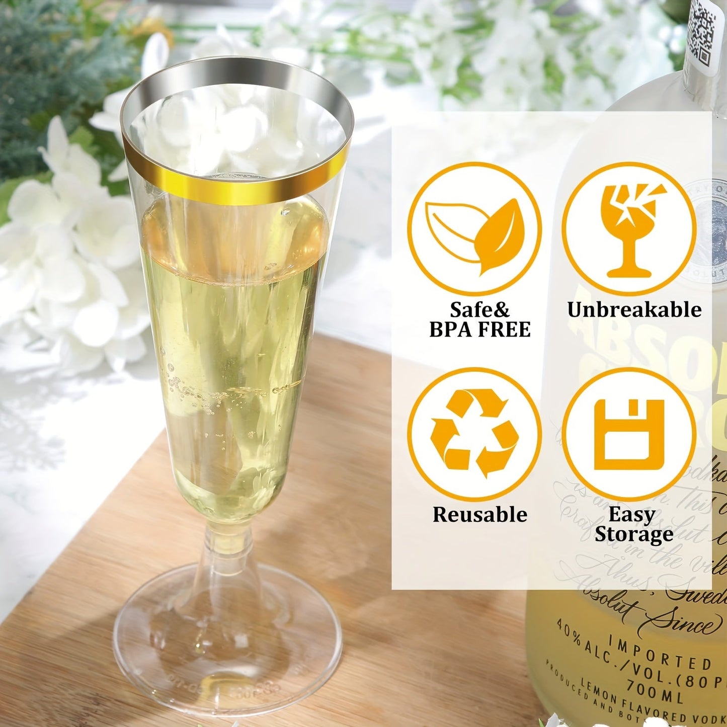 A pack of 25 elegant plastic champagne flutes with golden rims, each holding 5.5 oz. These acrylic mimosa glasses are recyclable and perfect for parties. They are machine washable and can be used for various occasions such as weddings, Christmas