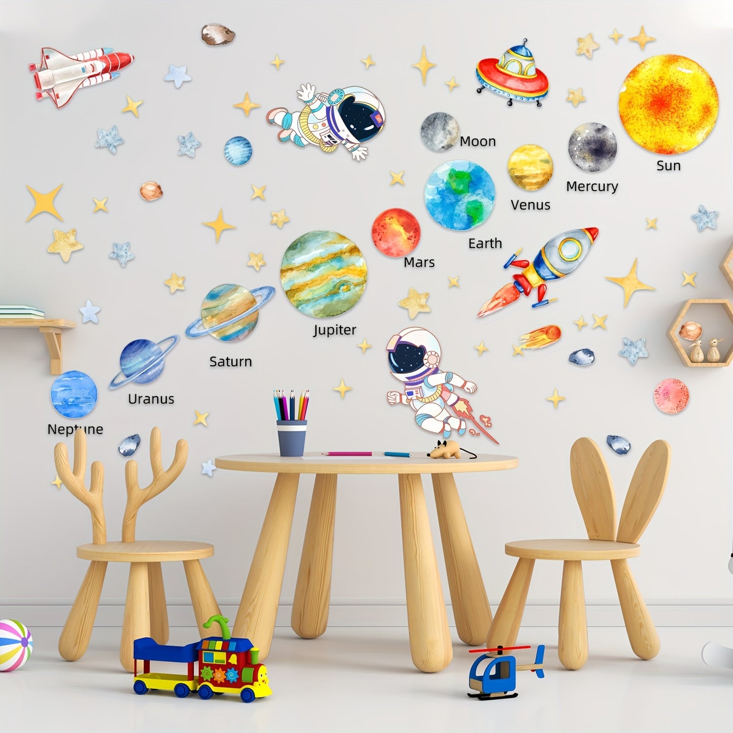 Solar System wall stickers measuring 160.02x80.01cm, featuring astronauts, stars, UFOs, planets, and spaceships. Ideal for room, bedroom, living room, playroom, or classroom decorations.