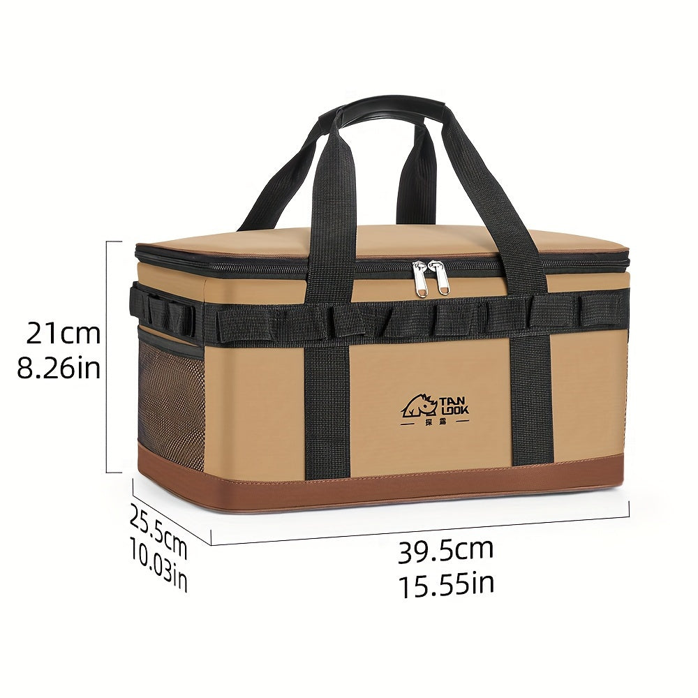 Large capacity polyester cooler bag with dual color options, carry handles, and carabiner hook for outdoor activities.