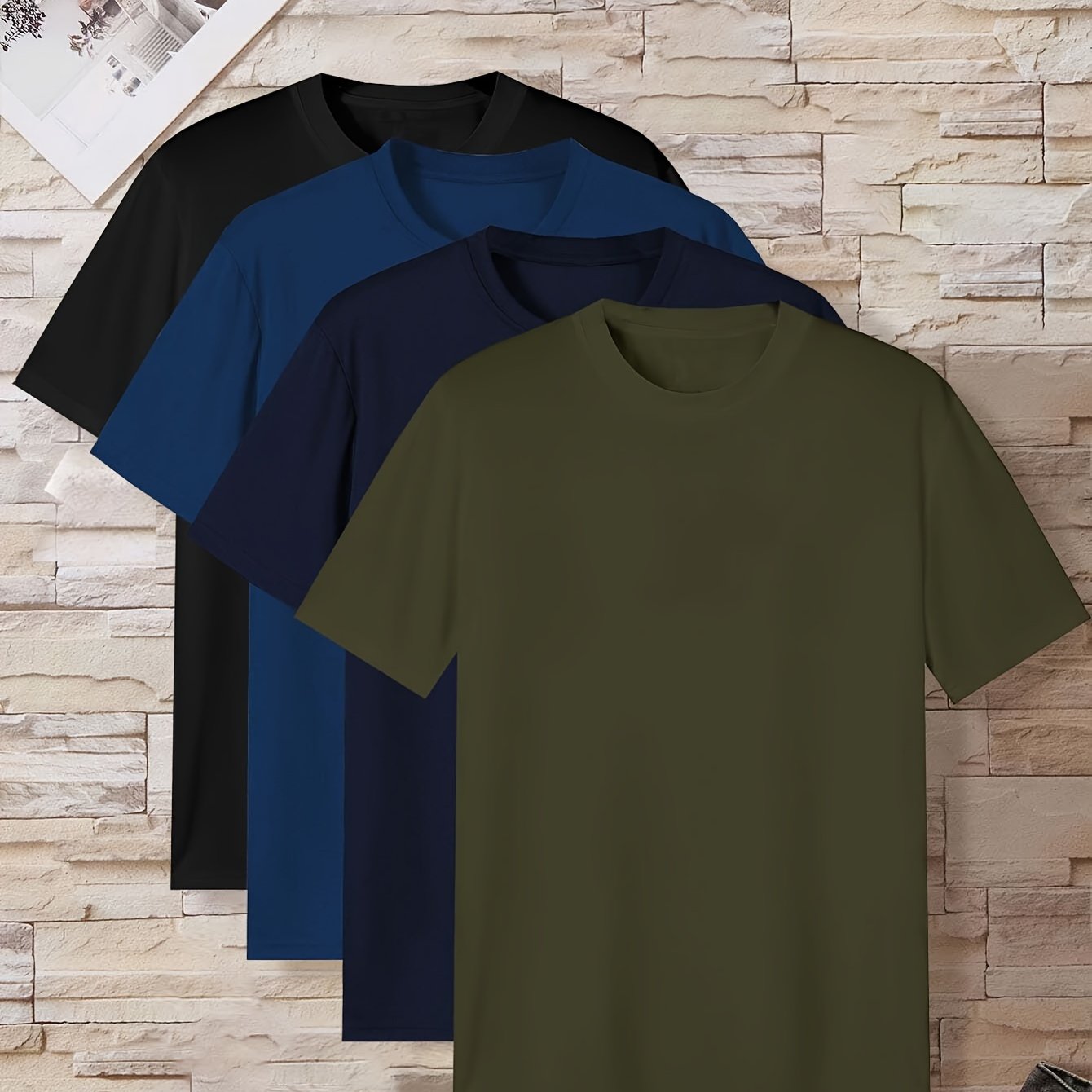 4 men's short sleeve t-shirts in solid colors - casual polyester loungewear, crew neck, machine washable, perfect for summer lounging.