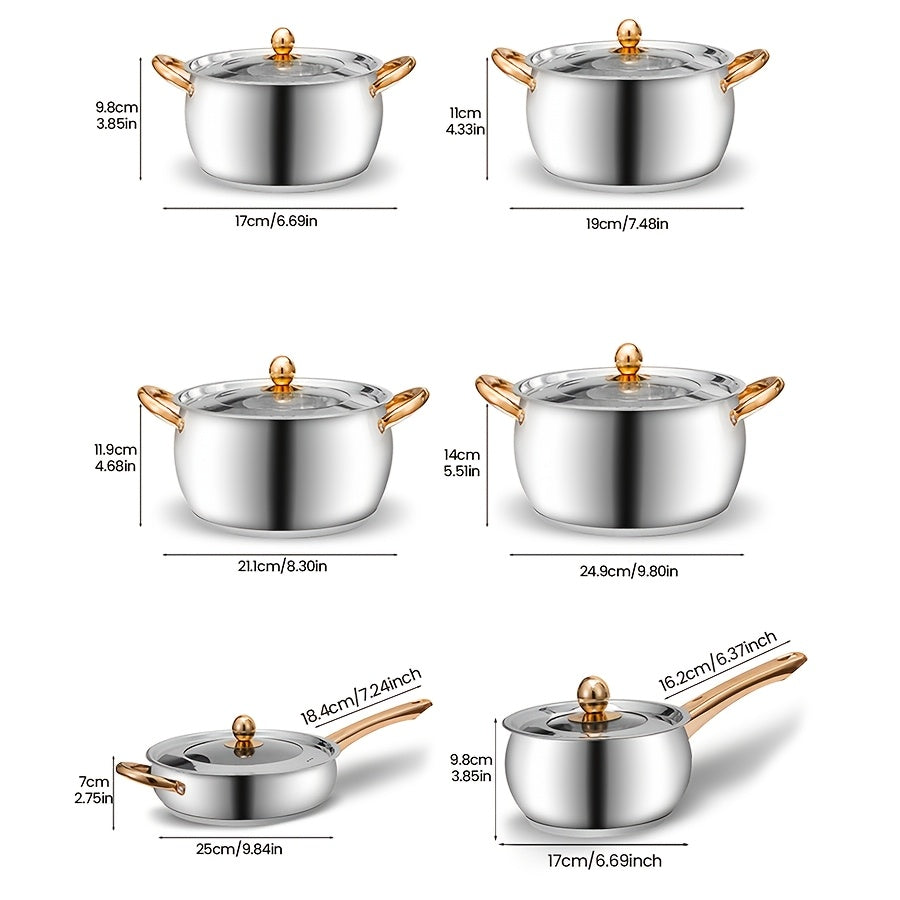 This set includes 12 pieces of stainless steel cookware, perfect for home, restaurant, dorm, or camping use. The versatile large capacity pots and pans come with lids for even heat distribution and easy cleaning. The set includes 4 saucepans, 1 skillet