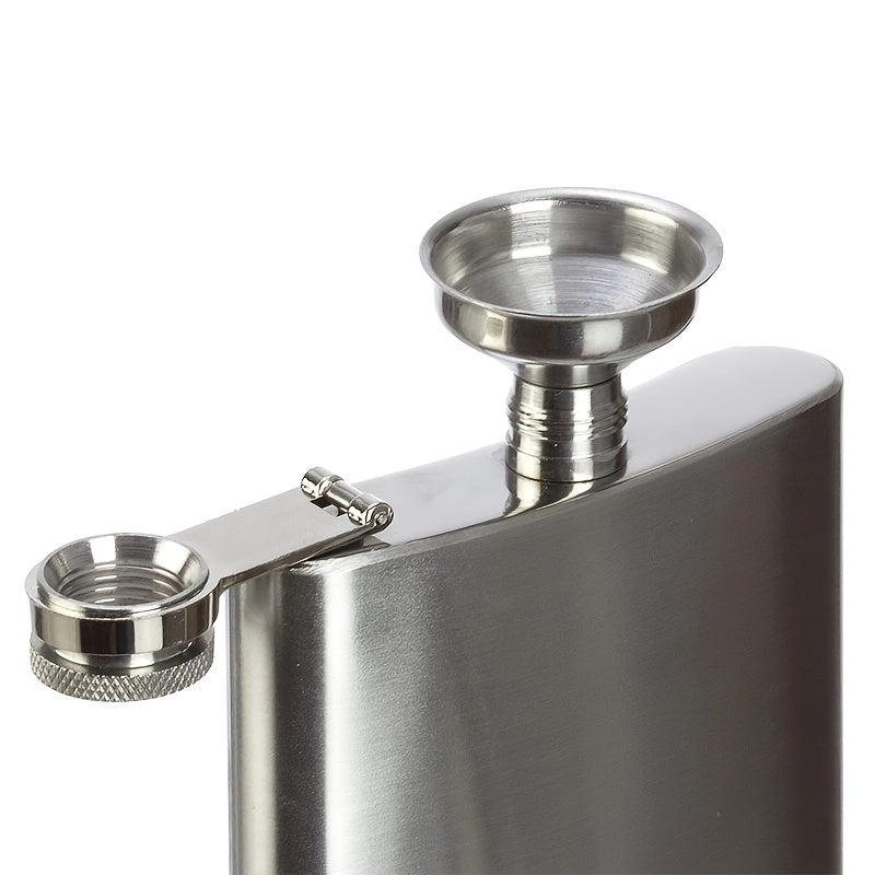 Portable stainless steel hip flask for alcohol, with screw cap and pocket-sized design for outdoor use.