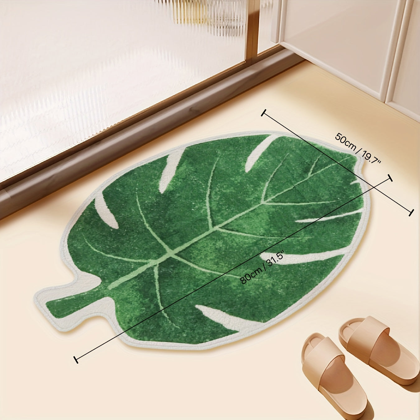 Soft and plush floor mat with a green leaf design, non-slip and highly absorbent, ideal for bathroom, kitchen, entryway, bedroom, and living room.