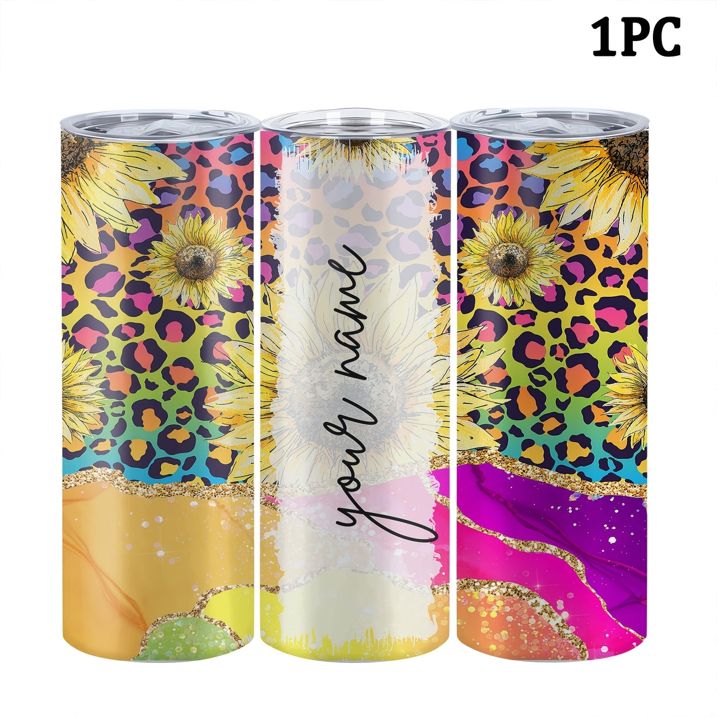 Customized sunflower stainless steel water bottle, 20oz with lid and straw, BPA-free, shatterproof, machine washable, perfect for outdoor travel and Valentine's Day gift.