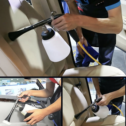 Universal fit pneumatic car wash gun for efficient dust removal and deep cleaning of car interior & engine compartment. Ideal auto detailing tool with US/EU type spray pot.