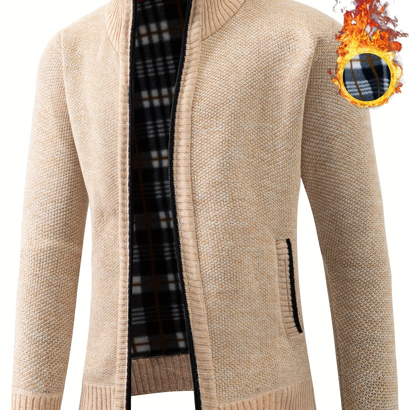 Plus size men's crew neck cardigan sweater made from 100% polyester knit fabric. Features solid color, long sleeves, regular fit, pockets, and zipper detail. Ideal for fall/winter.