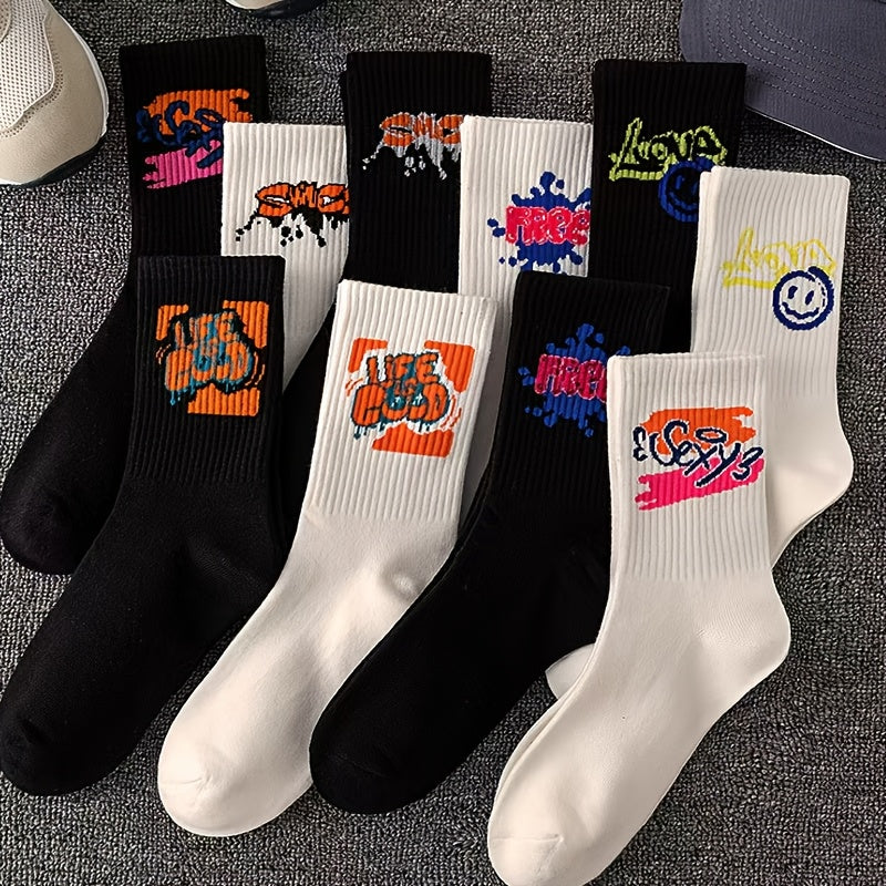 8 pairs of men's basketball socks in black and white styles, fashionable, moisture-wicking, and sweat-resistant.