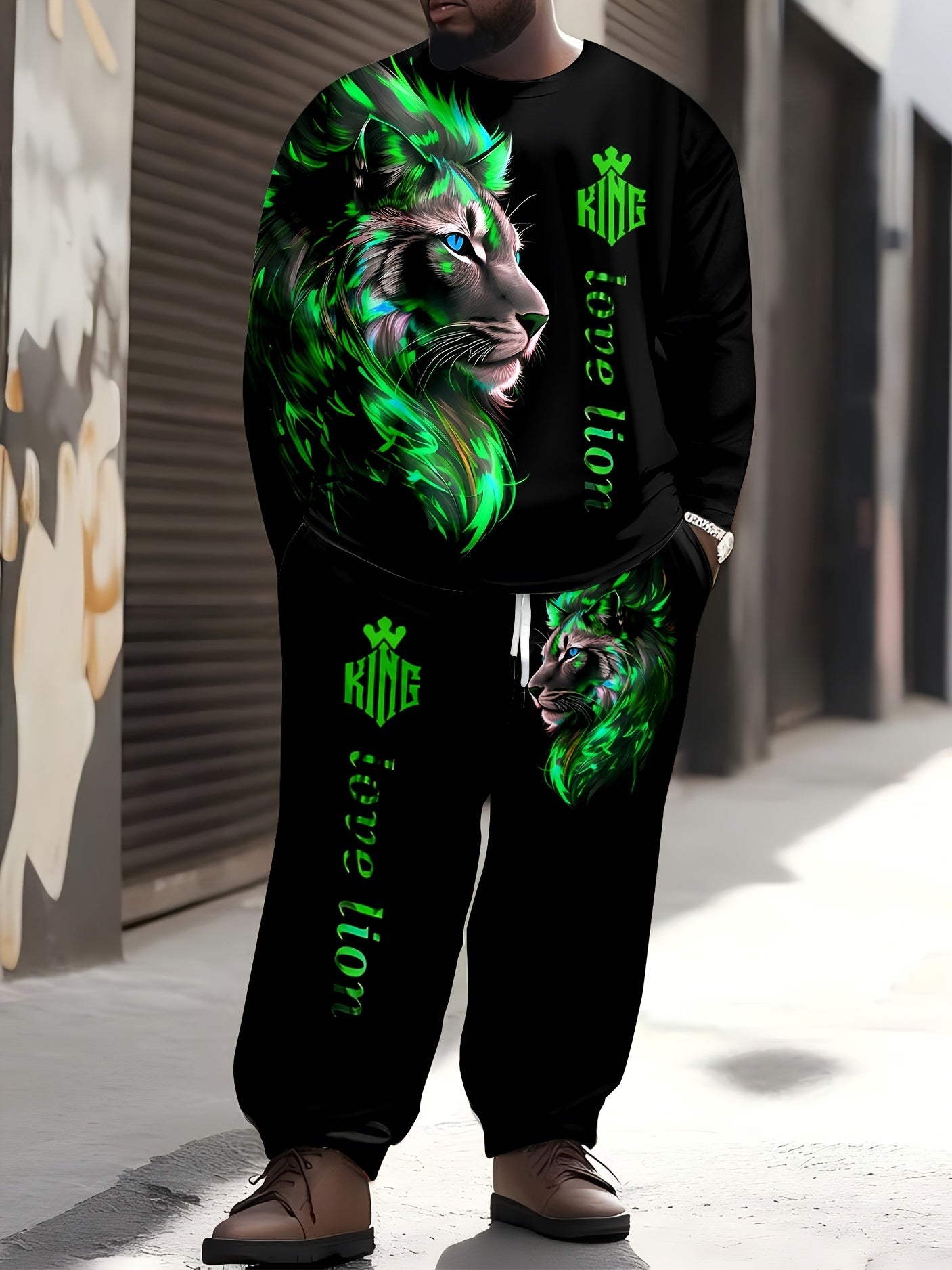 Men's Plus Size Lion Print Long Sleeve T-Shirt and Sweatpants Set - Casual Sportswear for Fall/Winter